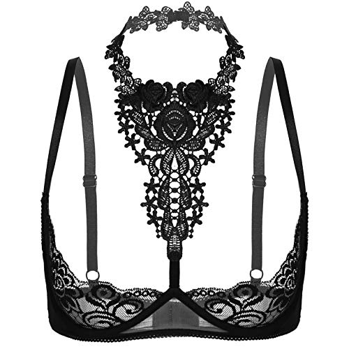 Aislor Offene Brust BH Damen Hebe BH Ouvert Spitze Dessous mit Bügel Brustfreie Dessous Busenfrei Sex Reizwäsche Erotik Unterhemd Schwarz Neckholder L von Aislor