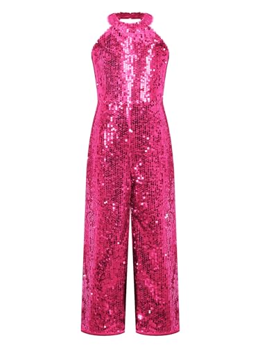 Aislor Pailletten Jumpsuit Kinder Mädchen Einteiler Overalls Glitzer Oberteil Ärmellos Bodysuit Schlaghose Weites Bein Hose Karneval Party Disco Kostüm Hellrosa 134-140 von Aislor