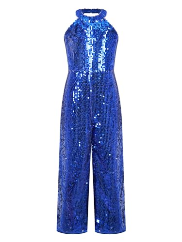 Aislor Pailletten Jumpsuit Kinder Mädchen Einteiler Overalls Glitzer Oberteil Ärmellos Bodysuit Schlaghose Weites Bein Hose Karneval Party Disco Kostüm Königsblau 146-152 von Aislor