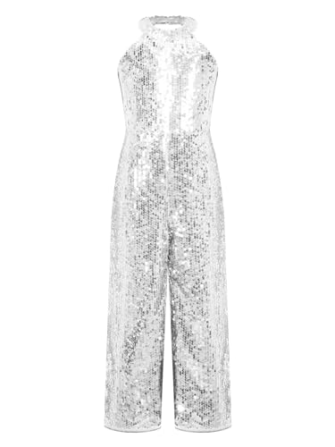Aislor Pailletten Jumpsuit Kinder Mädchen Einteiler Overalls Glitzer Oberteil Ärmellos Bodysuit Schlaghose Weites Bein Hose Karneval Party Disco Kostüm Silber 134-140 von Aislor