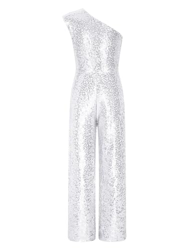 Aislor Pailletten Jumpsuit Kinder Mädchen Einteiler Overalls Glitzer Oberteil Ärmellos Bodysuit Schlaghose Weites Bein Hose Karneval Party Disco Kostüm W Silber 146-152 von Aislor