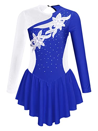 Aislor Tanzkleid Mädchen Eiskunstlauf Kleid Pailletten Ballettkleid Langarm Tanztrikot mit Mesh Rock Ballettkleidung Skating Kleider Tanzkostüm Royal Blau 122-128 von Aislor