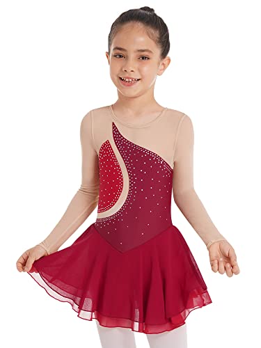 Aislor Tanzkleid Mädchen Pailletten Eiskunstlauf Kleid Kinder Langarm Ballettkleid Tanztrikot mit Rock Kleider Gymnastikanzug Wettbewerb Tanz Kostüme Burgund 122-128 von Aislor