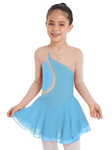 Aislor Tanzkleid Mädchen Pailletten Eiskunstlauf Kleid Kinder Langarm Ballettkleid Tanztrikot mit Rock Kleider Gymnastikanzug Wettbewerb Tanz Kostüme Himmel Blau 122-128 von Aislor