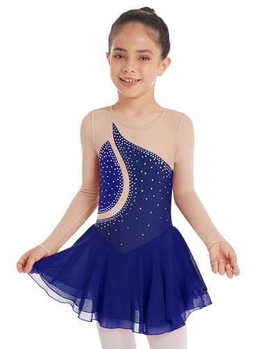 Aislor Tanzkleid Mädchen Pailletten Eiskunstlauf Kleid Kinder Langarm Ballettkleid Tanztrikot mit Rock Kleider Gymnastikanzug Wettbewerb Tanz Kostüme Navy Blau 110-116 von Aislor