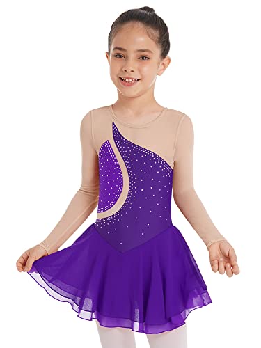 Aislor Tanzkleid Mädchen Pailletten Eiskunstlauf Kleid Kinder Langarm Ballettkleid Tanztrikot mit Rock Kleider Gymnastikanzug Wettbewerb Tanz Kostüme Violett 110-116 von Aislor