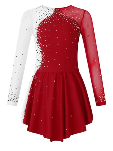 Aislor Tanzkleid Mädchen Pailletten Eiskunstlauf Kleid Kinder Langarm Ballettkleid Tanztrikot mit Rock Kleider Gymnastikanzug Wettbewerb Tanz Kostüme W Burgundy 134-140 von Aislor