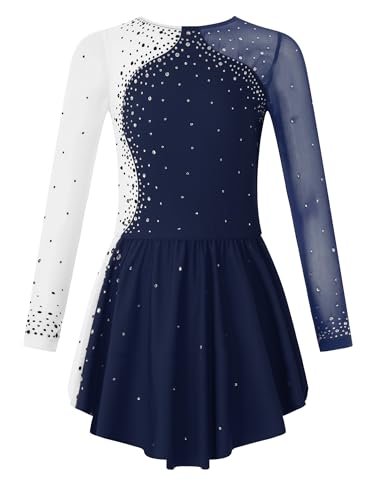 Aislor Tanzkleid Mädchen Pailletten Eiskunstlauf Kleid Kinder Langarm Ballettkleid Tanztrikot mit Rock Kleider Gymnastikanzug Wettbewerb Tanz Kostüme W Navyblau 134-140 von Aislor