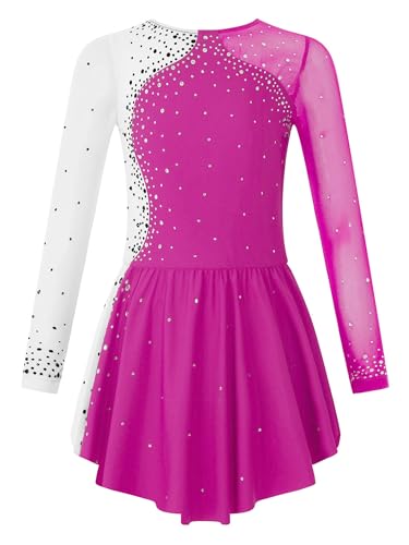 Aislor Tanzkleid Mädchen Pailletten Eiskunstlauf Kleid Kinder Langarm Ballettkleid Tanztrikot mit Rock Kleider Gymnastikanzug Wettbewerb Tanz Kostüme W Rose 110-116 von Aislor