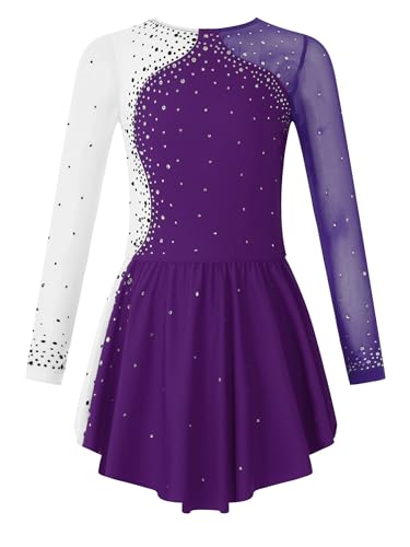 Aislor Tanzkleid Mädchen Pailletten Eiskunstlauf Kleid Kinder Langarm Ballettkleid Tanztrikot mit Rock Kleider Gymnastikanzug Wettbewerb Tanz Kostüme W Violett 110-116 von Aislor