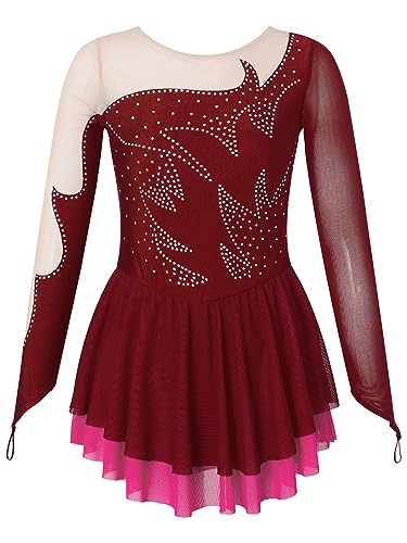 Aislor Tanzkleid Mädchen Pailletten Eiskunstlauf Kleid Kinder Langarm Ballettkleid Tanztrikot mit Rock Kleider Gymnastikanzug Wettbewerb Tanz Kostüme X Burgundy 158-164 von Aislor