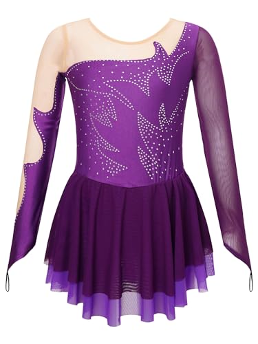 Aislor Tanzkleid Mädchen Pailletten Eiskunstlauf Kleid Kinder Langarm Ballettkleid Tanztrikot mit Rock Kleider Gymnastikanzug Wettbewerb Tanz Kostüme X Lila 122-128 von Aislor