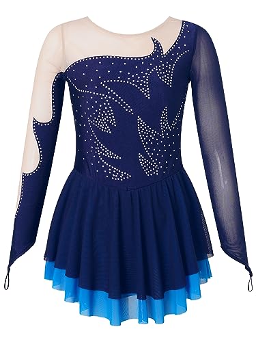 Aislor Tanzkleid Mädchen Pailletten Eiskunstlauf Kleid Kinder Langarm Ballettkleid Tanztrikot mit Rock Kleider Gymnastikanzug Wettbewerb Tanz Kostüme X Navyblau 122-128 von Aislor