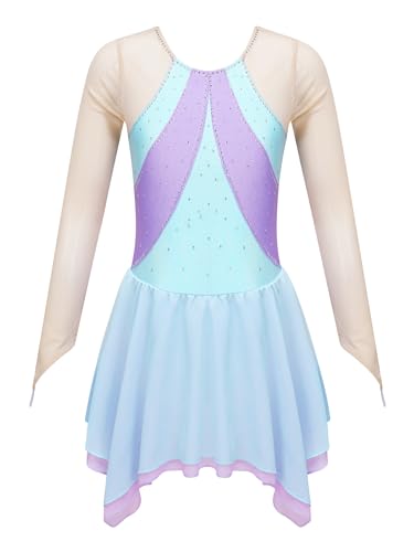 Aislor Tanzkleid Mädchen Pailletten Eiskunstlauf Kleid Kinder Langarm Ballettkleid Tanztrikot mit Rock Kleider Gymnastikanzug Wettbewerb Tanz Kostüme Y Hellblau 158-164 von Aislor