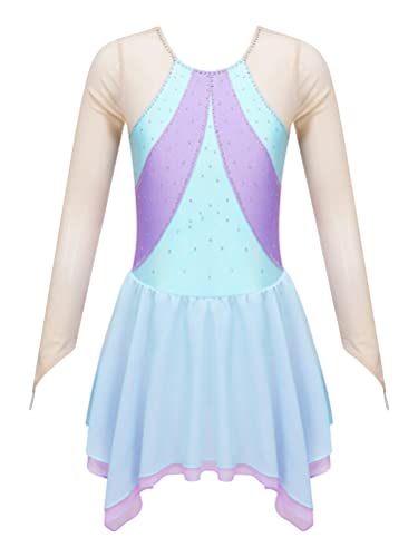 Aislor Tanzkleid Mädchen Pailletten Eiskunstlauf Kleid Kinder Langarm Ballettkleid Tanztrikot mit Rock Kleider Gymnastikanzug Wettbewerb Tanz Kostüme Y Hellblau 170-176 von Aislor