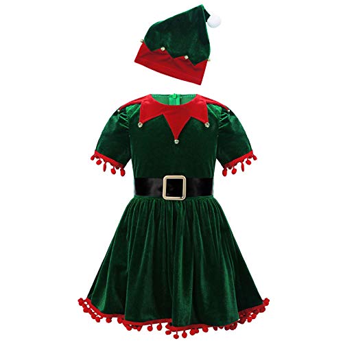 Aislor Weihnachtself Kleid Mädchen Weihnachtskleid Kinder Samt Kleider Weihnachten Verkleidung mit Weihnachtshut in Rot Grün Grün 158-164 von Aislor