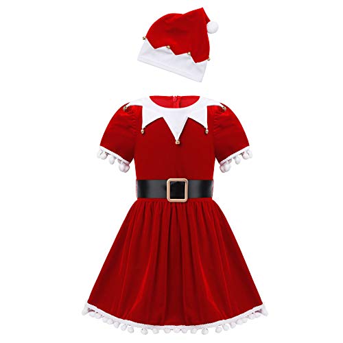 Aislor Weihnachtself Kleid Mädchen Weihnachtskleid Kinder Samt Kleider Weihnachten Verkleidung mit Weihnachtshut in Rot Grün Rot 158-164 von Aislor