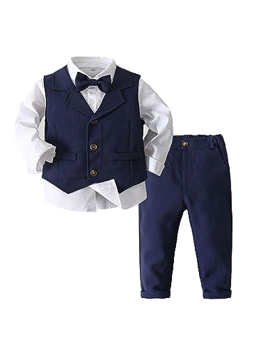 Baby Jungen Smoking Anzug Gentleman Smoking Hemd Krawatte Anzugsweste Hose Kleinkind Festlich Anzüge Babykleidung für Hochzeit Abschluss Abendparty Navy blau 86-92 von Aislor