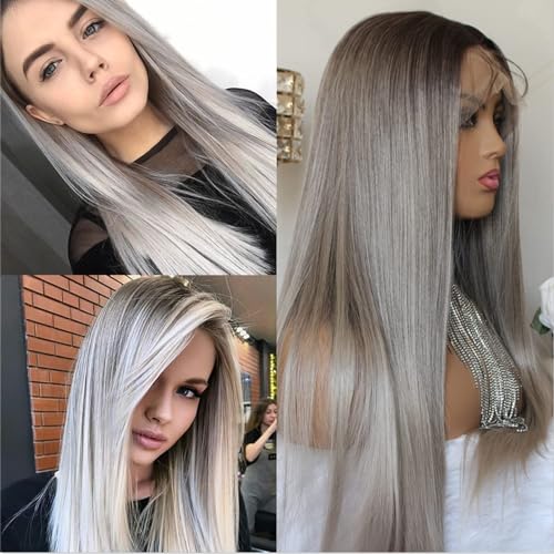 Aisom Perücke mit Spitze vorne, Aschgrau, für Damen, synthetisch, Ombré, Perücke mit dunkler Spitze, dunkle Wurzeln, lange Aschbraun, Perücke vorne aus Kunsthaar Aisom Perücke mit Spitze vorne, Aschgrau, für Damen, synthetisch, Ombré, Perücke mit dunkler Spitze, dunkle Wurzeln, lange Aschbraun, Perücke vorne aus Kunsthaar von Aisom