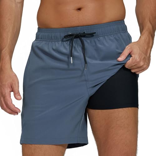 Aisprts Badehose Herren mit Kompression Liner 2 in 1 Atmungsaktiv Schnell Trocknende Badeshorts Herren Badehose Schwimmhose mit Tunnelzug und 2 Reißverschlusstaschen von Aisprts