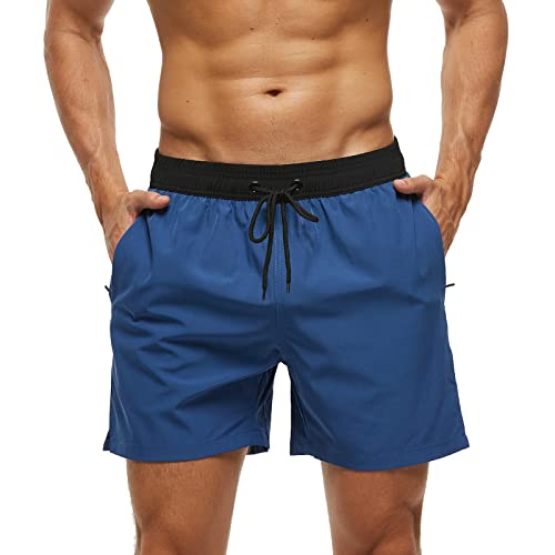 Aisprts Badehose Herren mit Reißverschlusstasche Schnelltrocknend Wasserabweisend Badehosen Männer Badeshorts Herren Atmungsaktiv Mit Tunnelzug Meshfutter (A2 Schwarz+Navy,2XL) von Aisprts