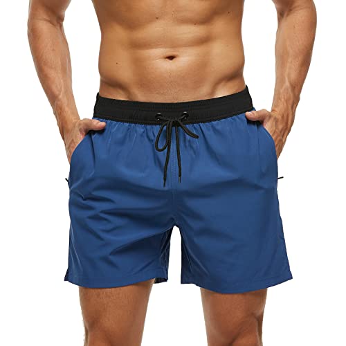 Badehose Herren mit Reißverschlusstasche Schnelltrocknend Wasserabweisend Badehosen Männer Badeshorts Herren Atmungsaktiv Mit Tunnelzug Meshfutter (A2 Schwarz+Navy,S) von Aisprts