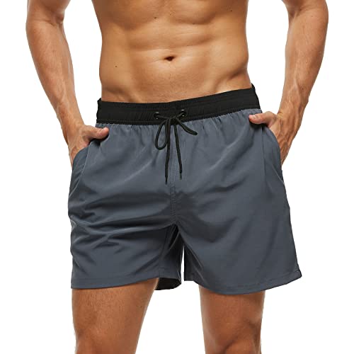 Badehose Herren mit Reißverschlusstasche Schnelltrocknend Wasserabweisend Badehosen Männer Badeshorts Herren Atmungsaktiv Mit Tunnelzug Meshfutter (A3 Schwarz+Grau,2XL) von Aisprts