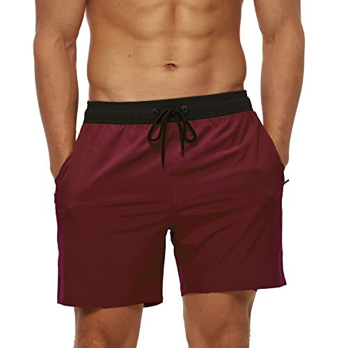 Aisprts Badehose Herren mit Reißverschlusstasche Schnelltrocknend Wasserabweisend Badehosen Männer Badeshorts Herren Atmungsaktiv Mit Tunnelzug Meshfutter (A4 Schwarz+Weinrot,2XL) von Aisprts