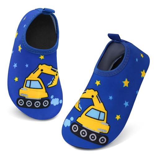 Aisprts Badeschuhe Kinder Wasserschuhe Mädchen Jungen, rutschfeste Barfuß Schwimmschuhe Aquaschuhe Strandschuhe für Baby Baden, Wasser Spielen, Blau Bagger, 24/25 EU von Aisprts