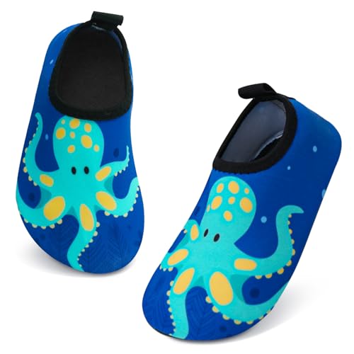 Aisprts Badeschuhe Kinder Wasserschuhe Mädchen Jungen, rutschfeste Barfuß Schwimmschuhe Aquaschuhe Strandschuhe für Baby Baden, Wasser Spielen, Blau Oktopus, 22/23 EU von Aisprts