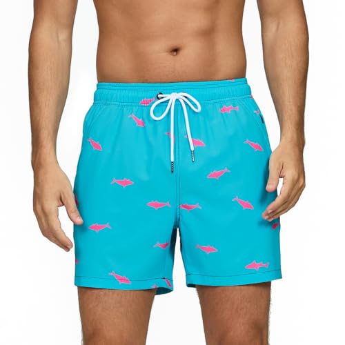 Aisprts Badeshorts Herren mit Reißverschlusstaschen Atmungsaktive Schnell Trocknende und Wasserabweisend Badehose, Schwimmhose Herren mit Meshfutter und Tunnelzug, T2 Blau + Fisch, XL von Aisprts