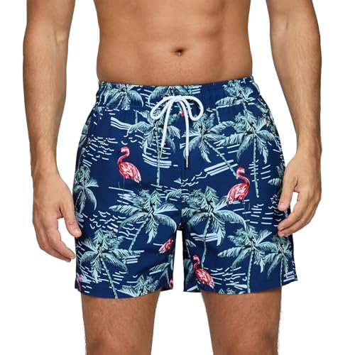 Aisprts Badeshorts Herren mit Reißverschlusstaschen Atmungsaktive Schnell Trocknende und Wasserabweisend Badehose, Schwimmhose Herren mit Meshfutter und Tunnelzug, T2 Kokospalme + Flamingo, S von Aisprts