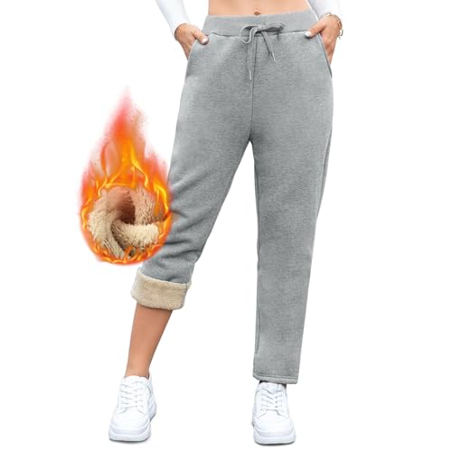 Aisprts Gefütterte Jogginghose Damen, Thermohose Damen Winter, Verdickte Warme Fleecehose Sweathose mit 2 Taschen, Elastischem, Bund Kordelzug, T2 Hellgrau, M von Aisprts