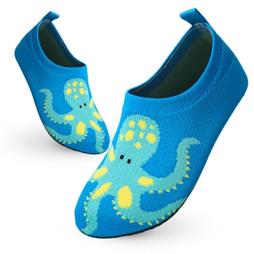 Aisprts Hausschuhe Kinder Jungen Mädchen Pantoffeln Atmungsaktive Rutschfest Barfuss Hausschuhe Kinder Weiche Leichte Kindergarten Slippers, Blau Oktopus, 24/25 EU von Aisprts