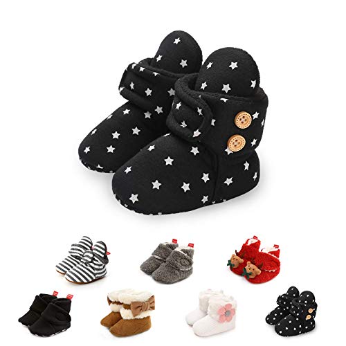 Aisprts Unisex Baby Winterschuhe Baby Schuhe Rutschfeste Schneestiefel mit Weichem Boden für Neugeborene Kuscheliges Fleece Futter Warme Babystiefel Babyschuhe, T2 Schwarz und Sterne, 12-18 Monate von Aisprts