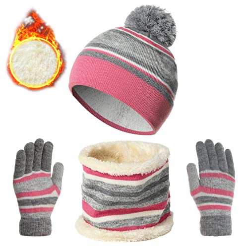 Aisprts Unisex Kinder Wintermütze Schal Handschuhe Set,Warme Fleece Beanie Mütze Mädchen Jungen Schlauchschal mit Winterhandschuhe für 2-7 Jahre von Aisprts