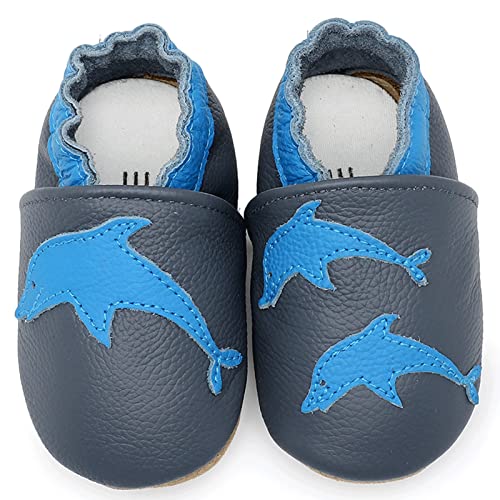 Aisprts Krabbelschuhe Baby Weicher Leder für Unisex,Lederpuschen Baby Lauflernschuhe Jungen Mädchen Lederschuhe Babys mit Wildledersohlen rutschfeste Babyschuhe 0-6m (S),A6 blau von Aisprts