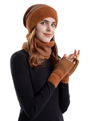 Aisprts Mütze Schal Handschuhe Set Damen, Fleece Gefüttertes Wintermütze Schlauchschal und Handschuhe Set für Damen, 3 in 1 Thermische Strickmütze Schal Fingerlose Handschuhe von Aisprts