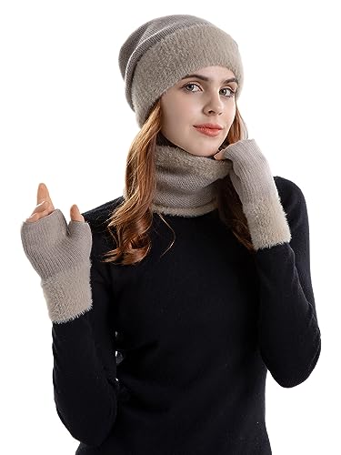 Aisprts Mütze Schal Handschuhe Set Damen, Fleece Gefüttertes Wintermütze Schlauchschal und Handschuhe Set für Damen, 3 in 1 Thermische Strickmütze Schal Fingerlose Handschuhe von Aisprts