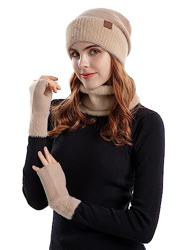 Aisprts Mütze Schal Handschuhe Set Damen, Fleece Gefüttertes Wintermütze Schlauchschal und Handschuhe Set für Damen, 3 in 1 Thermische Strickmütze Schal Fingerlose Handschuhe von Aisprts