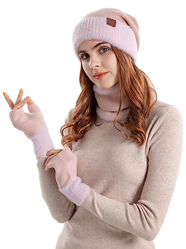 Aisprts Mütze Schal Handschuhe Set Damen, Fleece Gefüttertes Wintermütze Schlauchschal und Handschuhe Set für Damen, 3 in 1 Thermische Strickmütze Schal Fingerlose Handschuhe von Aisprts