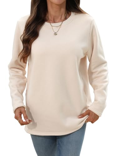 Aisprts Pullover Damen Winter Fleece Sweatshirt Weicher Sherpa Gefütterter Thermo Langarmshirt Warmes Basic Casual Rundhals Oberteile, Apricot, L von Aisprts
