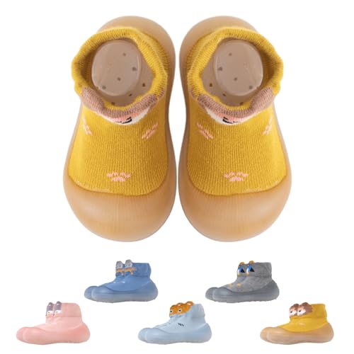 Aisprts Sockenschuhe Baby Unisex Krabbelschuhe Baby Barfußschuhe Lauflernschuhe Kleinkind Jungen Mädchen Rutschfeste Niedliche Cartoon Weiche Stricken Sockenschuhe, T2 Gelb - Löwe, 9-12 Monate von Aisprts