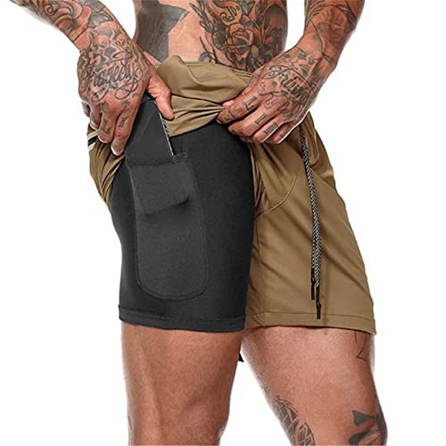 Aisprts Sporthose Herren Kurz, Laufhose Herren Kurz, 2 in 1 Atmungsaktive Schnell Trocknende Kompressionsfutter Kurze Hosen für Sport Trainingsshorts Laufshorts mit und Tasche, Khaki, L von Aisprts