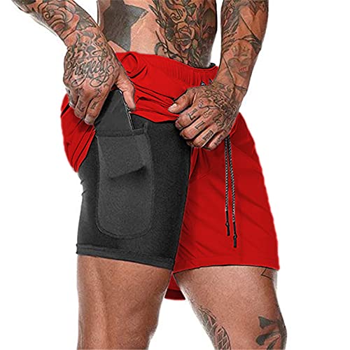 Aisprts Sporthose Herren Kurz, Laufhose Herren Kurz, 2 in 1 Atmungsaktive Schnell Trocknende Kompressionsfutter Kurze Hosen für Sport Trainingsshorts Laufshorts mit und Tasche, Rot, L von Aisprts