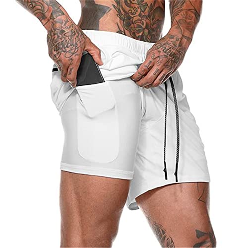 Aisprts Sporthose Herren Kurz, Laufhose Herren Kurz, 2 in 1 Atmungsaktive Schnell Trocknende Kompressionsfutter Kurze Hosen für Sport Trainingsshorts Laufshorts mit und Tasche, Weiß, M von Aisprts