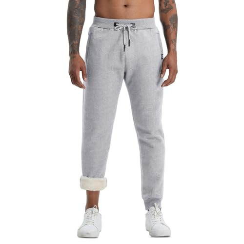 Aisprts Thermo Jogginghose Herren Warme Trainingshose Herren Lang, Dicke Fleece Gefütterte Sporthose, Jogginghose mit 2 Reißverschlusstaschen Elastischer Bund Kordelzug für Winter, T1 Hellgrau, XXL von Aisprts