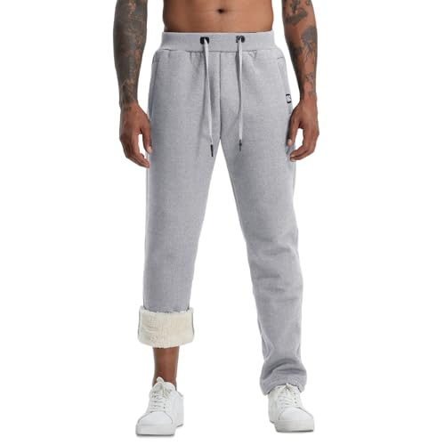 Aisprts Thermo Jogginghose Herren Warme Trainingshose Herren Lang, Dicke Fleece Gefütterte Sporthose, Jogginghose mit 2 Reißverschlusstaschen Elastischer Bund Kordelzug für Winter, T2 Hellgrau, XXL von Aisprts