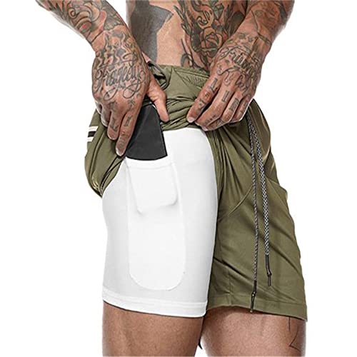 Sporthose Herren Kurz, Laufhose Herren Kurz, 2 in 1 Atmungsaktive Schnell Trocknende Kompressionsfutter Kurze Hosen für Sport Trainingsshorts Laufshorts mit und Tasche, Armee Grün, S von Aisprts