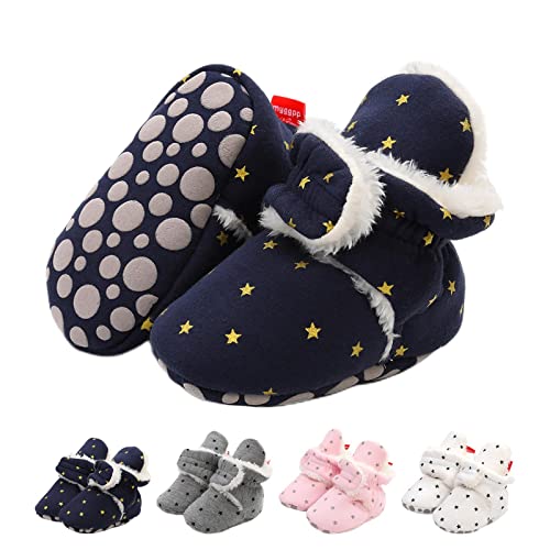 Unisex Baby Winterschuhe Baby Schuhe Rutschfeste Schneestiefel mit Weichem Boden für Neugeborene Kuscheliges Fleece Futter Warme Babystiefel Babyschuhe, T1 Tiefes Blau und Sterne, 12-18 Monate von Aisprts